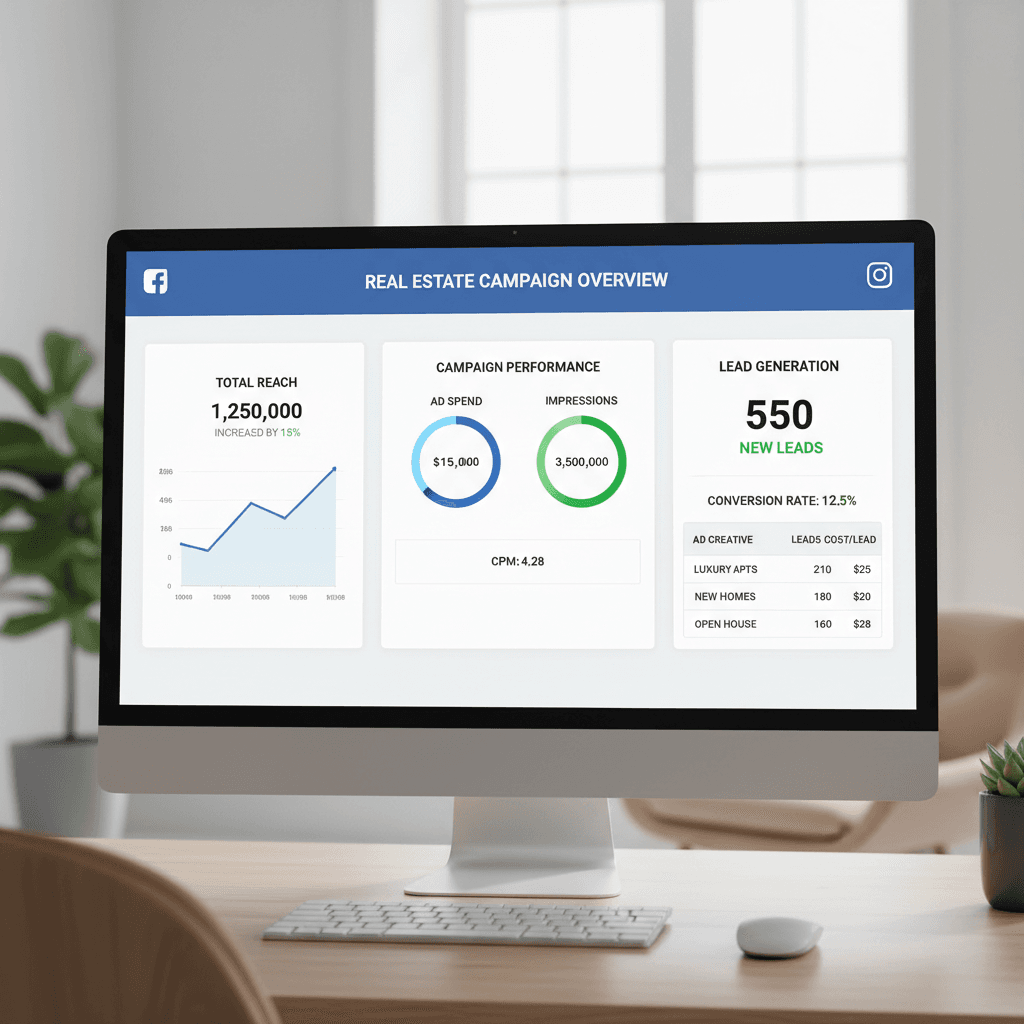 Meta Ads and Facebook advertising dashboard showing campaign performance metrics