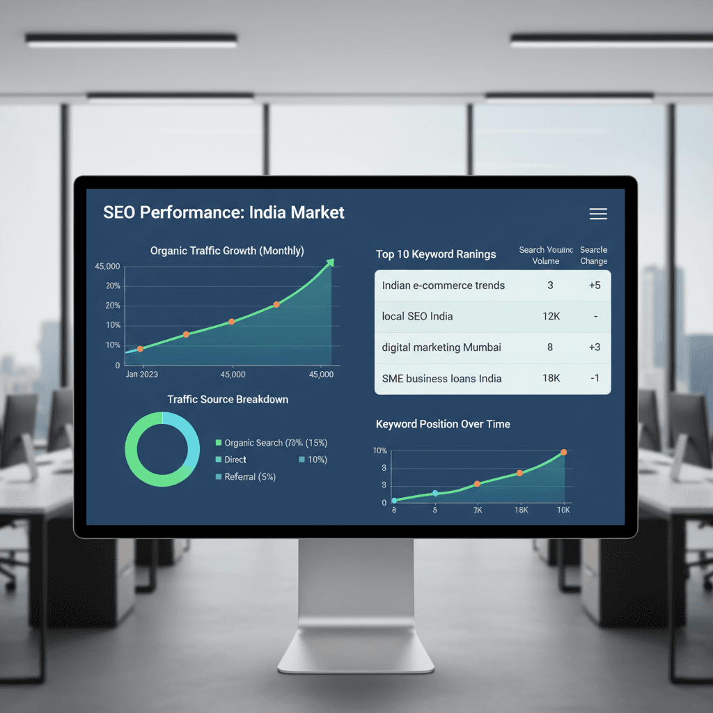 SEO and search engine optimization analytics dashboard with keyword rankings and traffic data